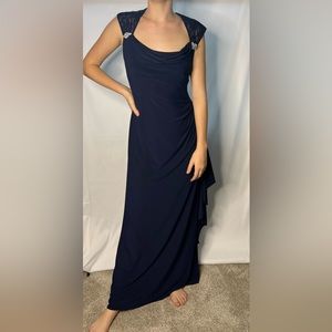 Woman’s Navy Formal Gown Sz 10 Rhinestones Floor Length Open Back R&M Richards